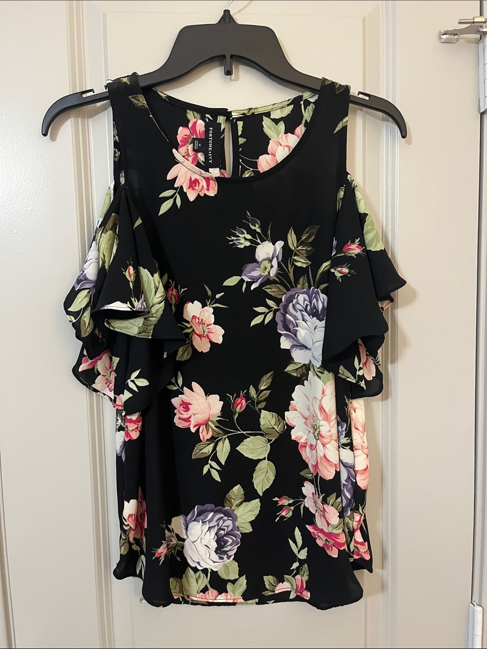 Floral Cold-Shoulder Blouse in Black with Pink & Purple Blooms